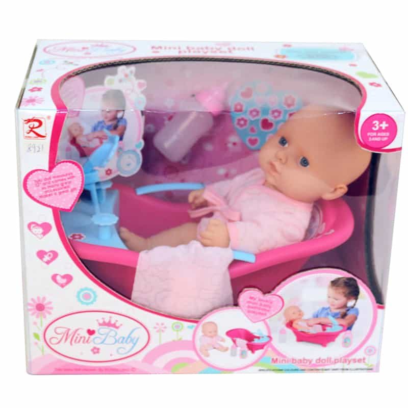 Babypop (30cm) “Drinkt & plast” met bad