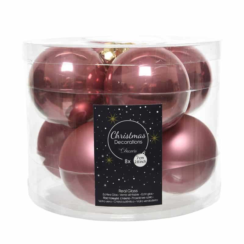 Kerstballen glas emaille-mat (7cm) velours roze - 8st