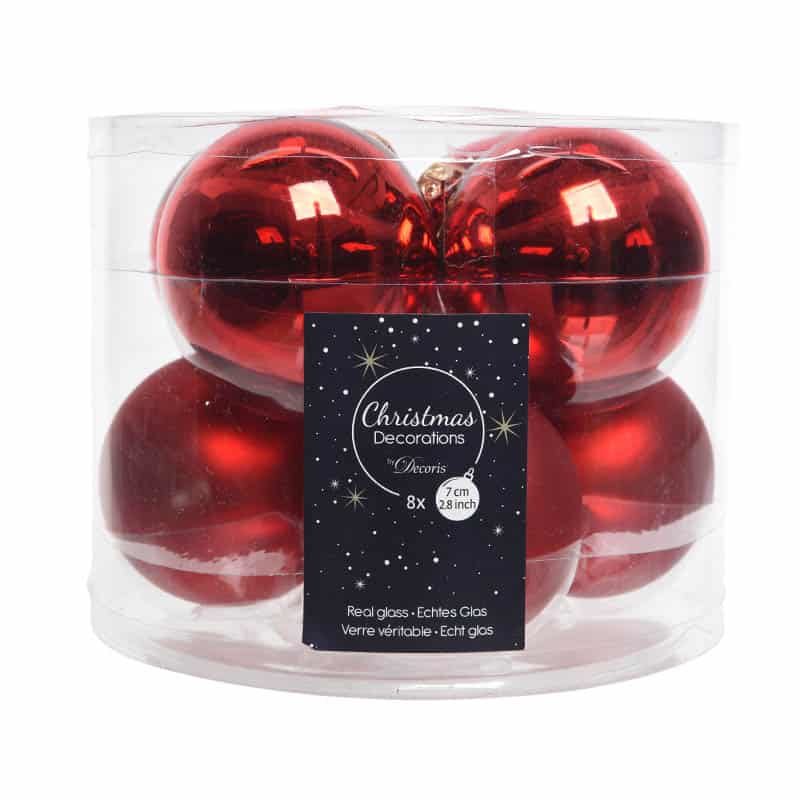 Kerstbal glas glans-mat (ø7cm) kerstrood - 8 stuks