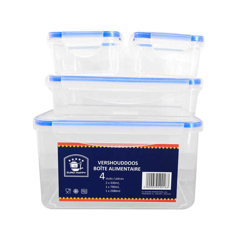 Voorraaddoos set van 4 rechthoekig (transparant/blauw)