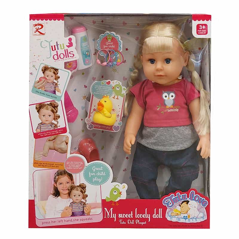 Babypop (40cm) "huilt, drinkt & plast" met accessoires