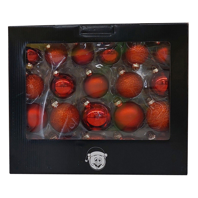 42 glazen kerstballen rood (ø5cm, ø5,5cm en ø6,5cm)