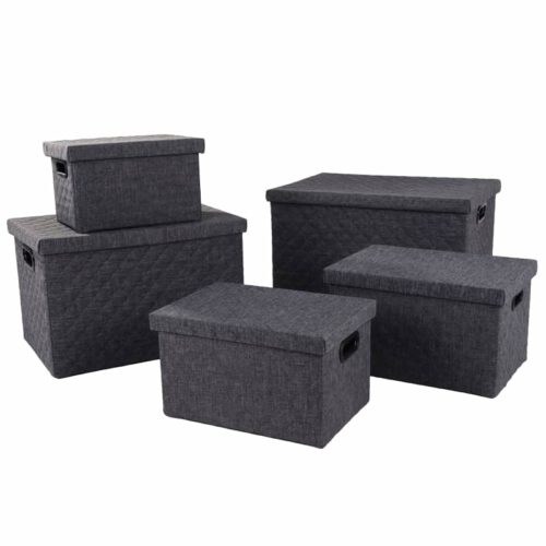 Mand stof grijs met deksel en zwarte handvatten 33x23xH20cm