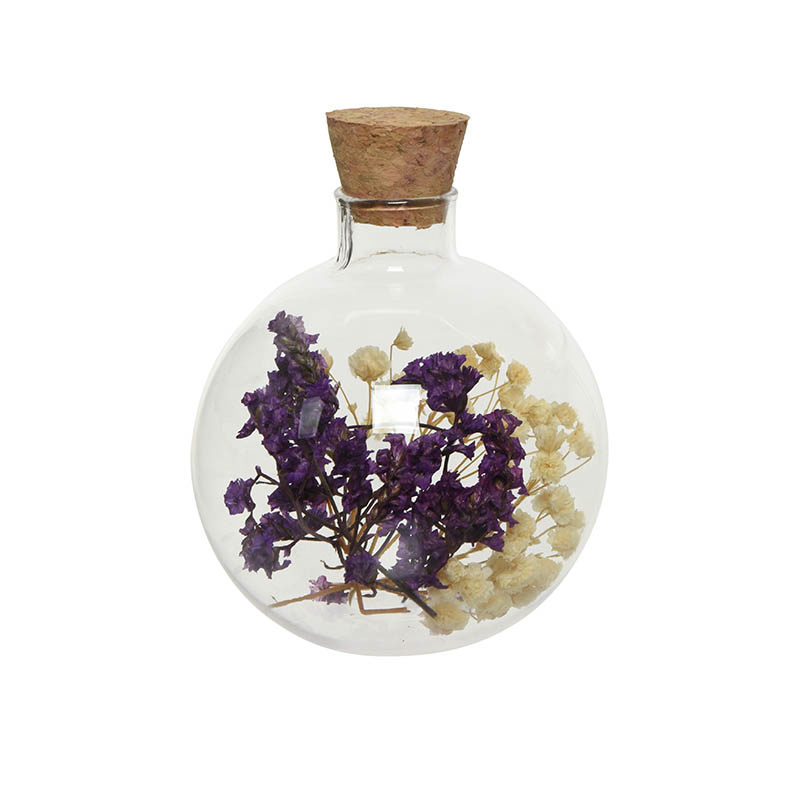 Fles glas (ø7xH9cm) met gedroogde bloemen - Afbeelding 2