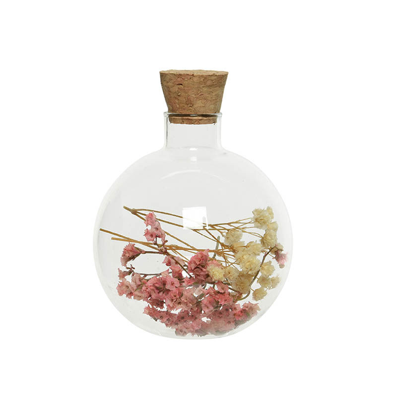 Fles glas (ø7xH9cm) met gedroogde bloemen