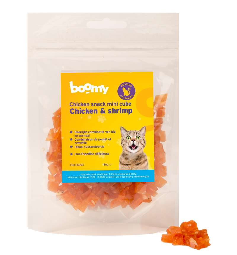 Origineel uitgehongerd Melodieus Boomy Kat snack (80gr) Mini cube kip & garnaal - Happyland