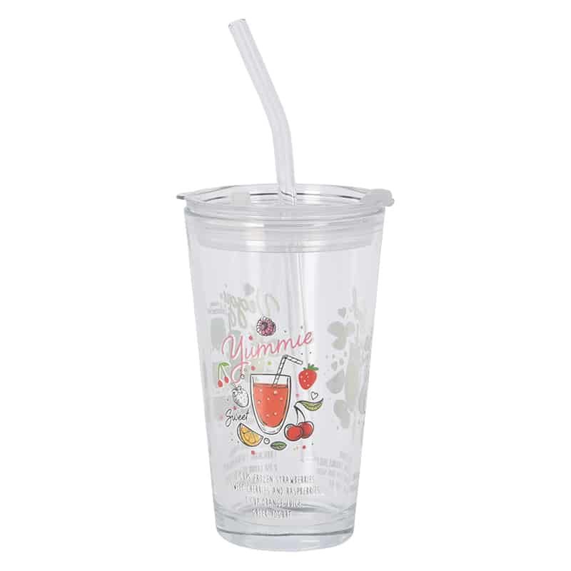 Drinkglas (400ml) met deksel & rietsje