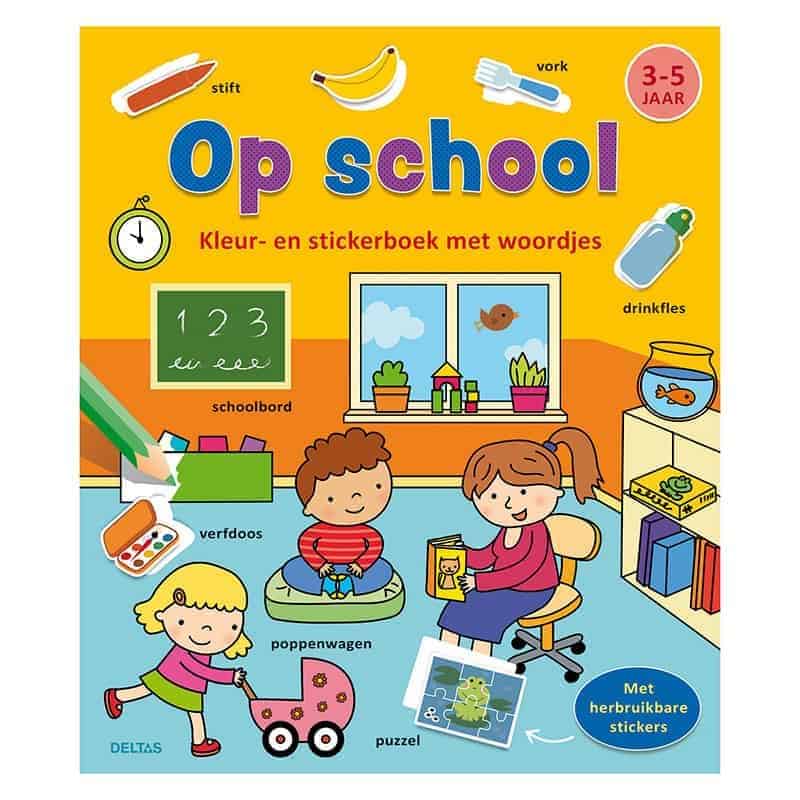 Kleur-en stickerboek met woordjes: Op school
