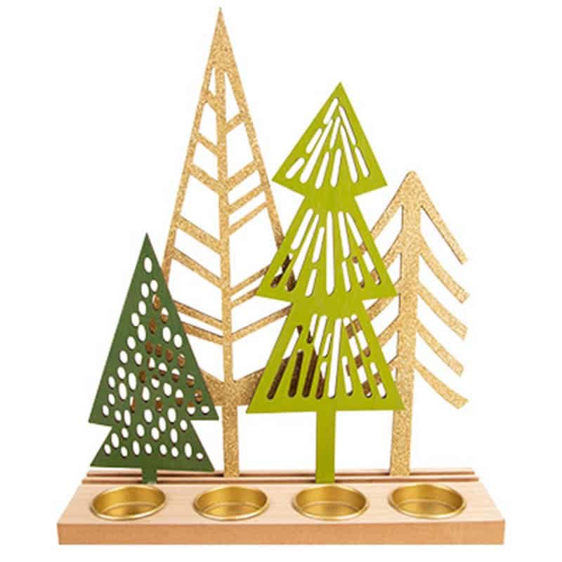 Theelichthouder X4 tree deco goldy green