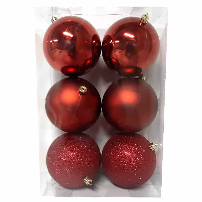 6 onbreekbare Kerstballen (ø10cm) donker rood