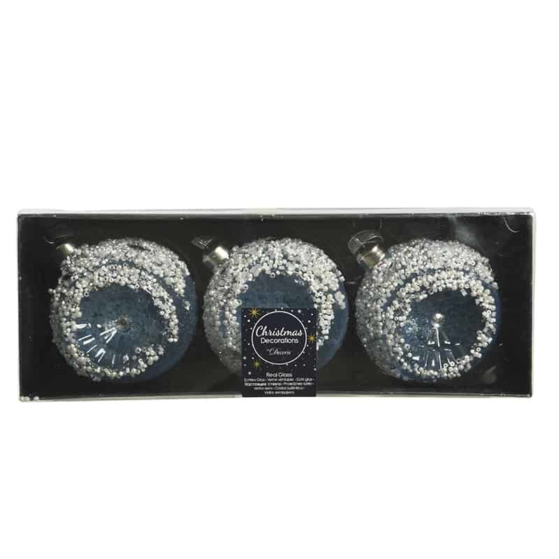 Kerstbal glas met parels & glitter (3 ass kleur) - per 3 stuks