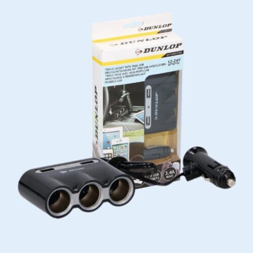 Dunlop 3weg stekkerdoos met 2 USB voor auto