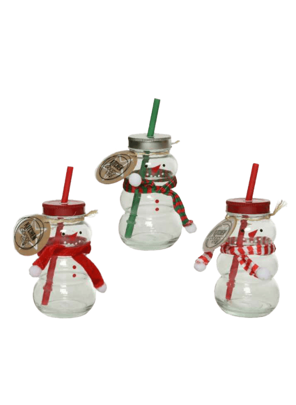 Drankpot glas sneeuwman met sjaal - 3ass - H12,5cm