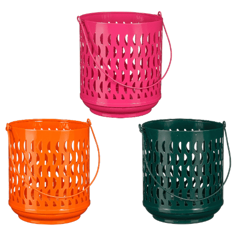 Windlicht 3 ass. h18xd15cm oranje d.groen d.roze