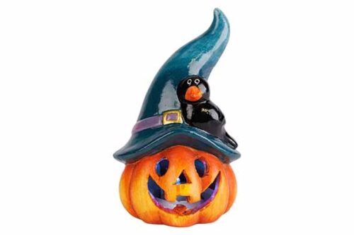 Hoofd pompoen witch hat led incl2XLR44 batterijen 15cm