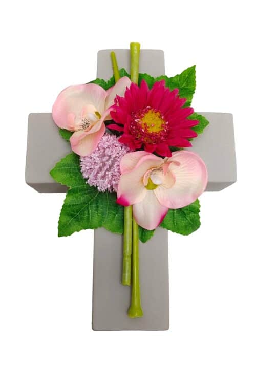 Bloemstuk op kruis gerbera/orchidee 20x15 roze