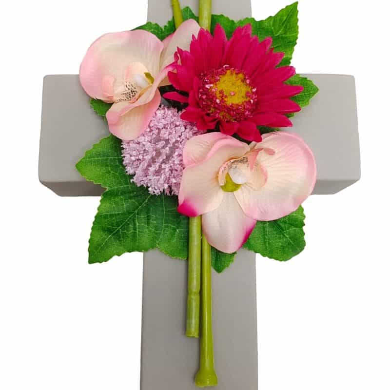 Bloemstuk op kruis gerbera/orchidee 20x15 roze