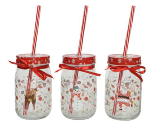 Drinkbeker glas met rietje h13cm klei/kleur