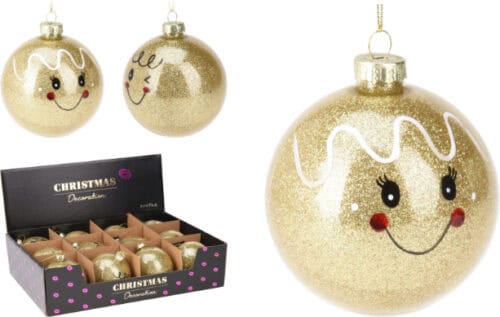 Kerstbal 80mm gezicht goud 2 ass